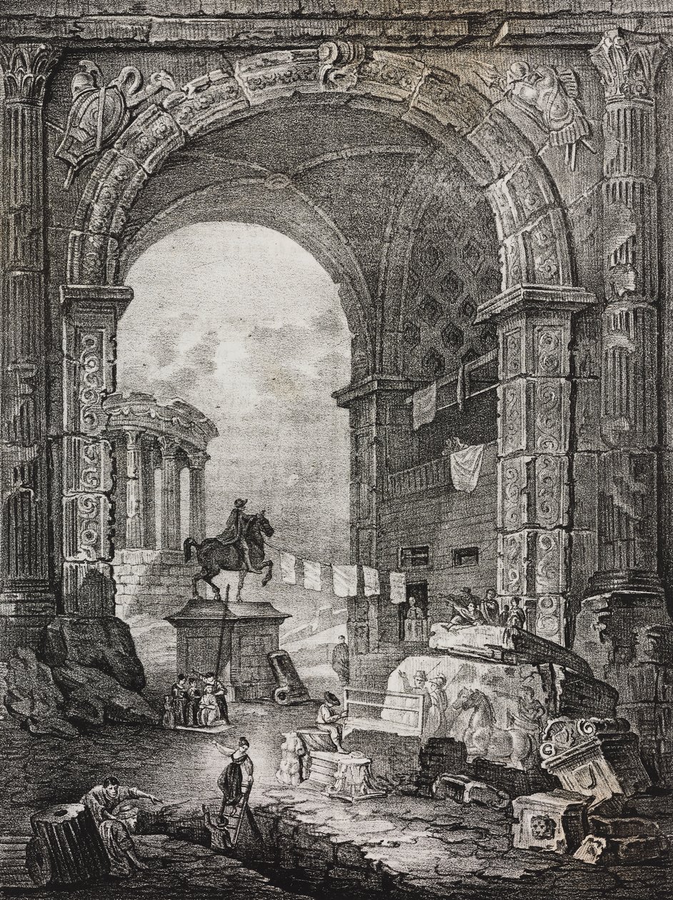 الآثار الرومانية ، اللوحة التي رسمها هوبرت روبرت (1733-1808) ، الطباعة الحجرية لسلفاتور بوليا من بوليوراما بيتوريسكو ، رقم 28 ، 17 فبراير بواسطة سلفاتور بوليا