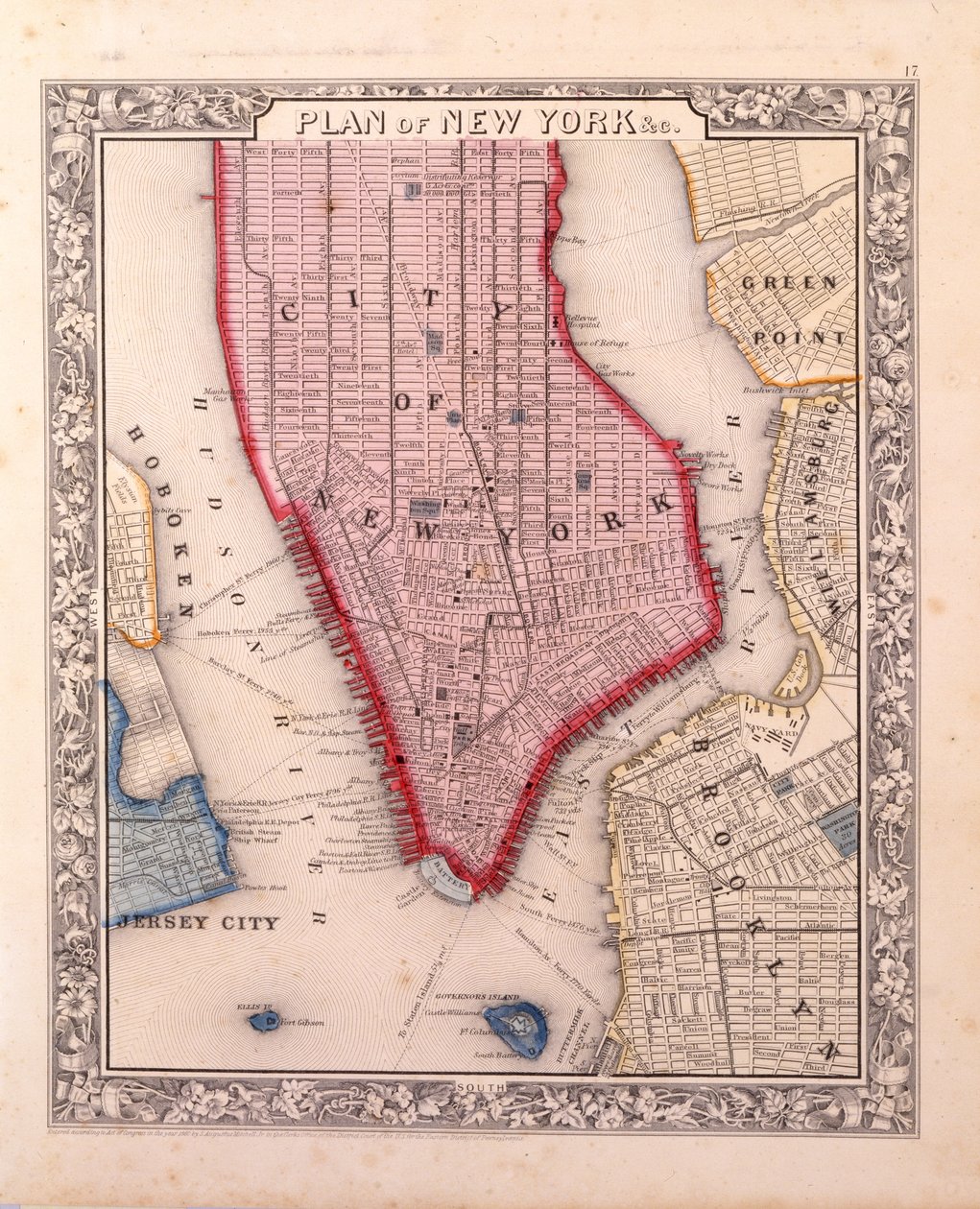 خطة نيويورك. [في مانهاتن ، أقصى الشمال حتى شارع 46] ، 1860 (حبر أسود وملون ، مع تلوين يدوي ، على ورق) بواسطة صموئيل أوغسطس ميتشل