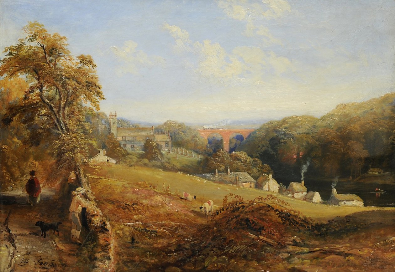 Wetheral - منظر لنهر عدن يُظهر كنيسة ويثيرال والجسر ، و Corby Ferry ، c.1845 بواسطة صموئيل بوغ