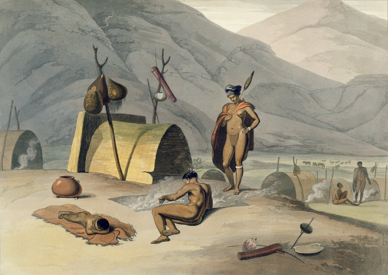 Bosjemans Frying Locusts ، اللوحة 26 من "مناظر وحيوانات أفريقية" ، نقشها الفنان ، 1805 (أكواتينت) بواسطة صموئيل دانييل