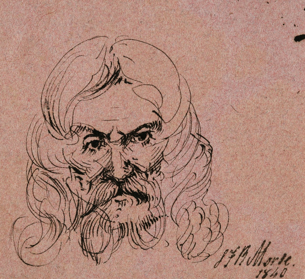 رسم تخطيطي لرأس رجل ملتح بشعر طويل ، 1840 (قلم وحبر أسود على ورق منسوج وردي) بواسطة صموئيل فينلي بريس مورس