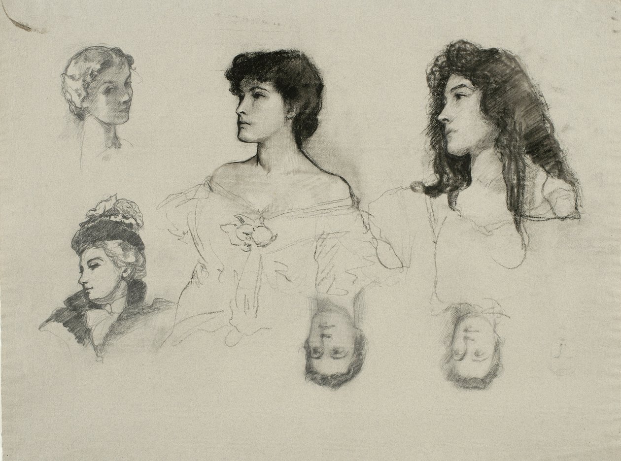 رسم تخطيطي لستة رؤوس (قلم رصاص وطباشير على ورق) بواسطة صموئيل ايشام