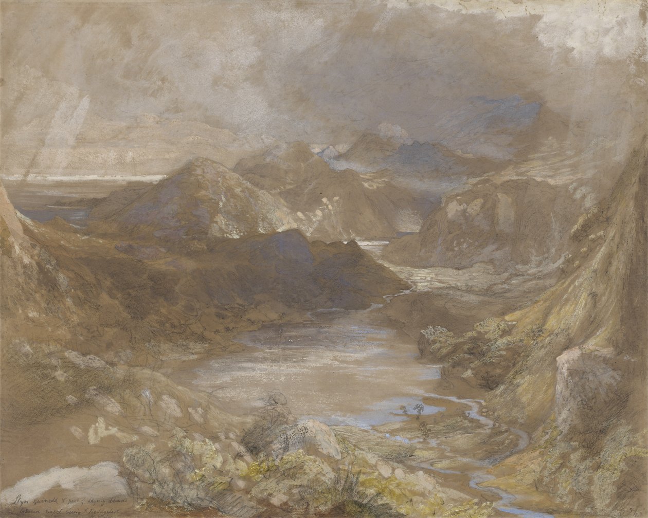 Llwyngwynedd وجزء من Llyn-y-ddina بين Capel Curig و Beddegelert ، شمال ويلز ، 1835-36 (مرحاض ، غواش وجرافيت على ورق) بواسطة صموئيل بالمر