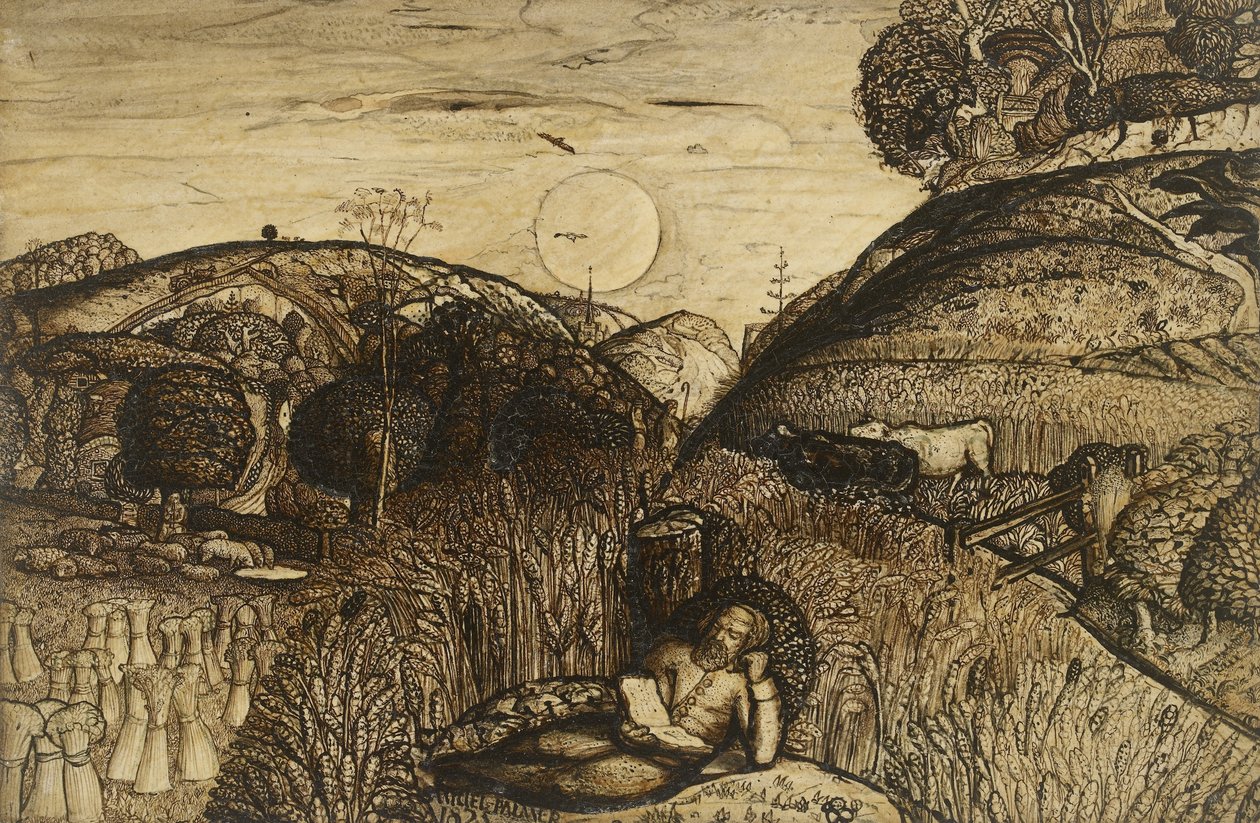 الوادي السميك مع الذرة ، 1825 (قلم وحبر بني داكن مع فرشاة في بني داكن ممزوج باللثة العربية ؛ ملمع) بواسطة صموئيل بالمر