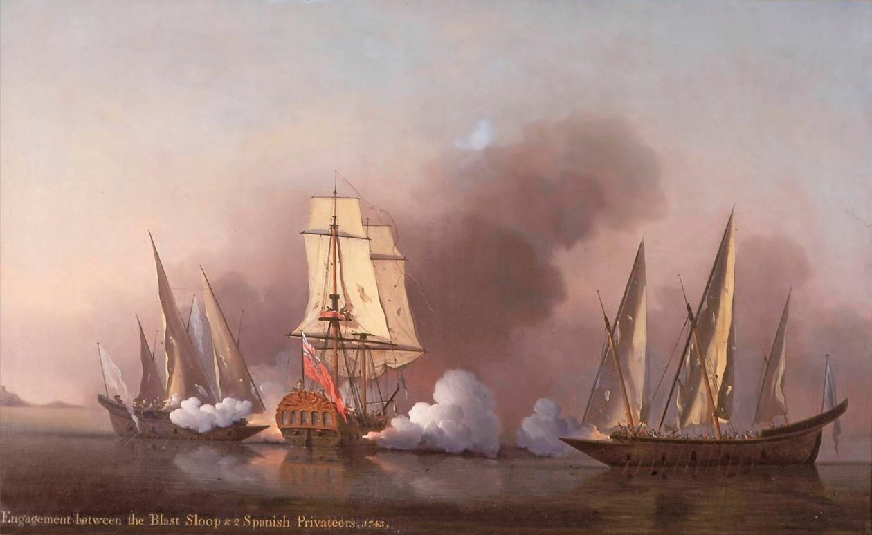الاشتباك بين Blast Sloop واثنين من القراصنة الإسبان ، 1745 بواسطة صموئيل سكوت