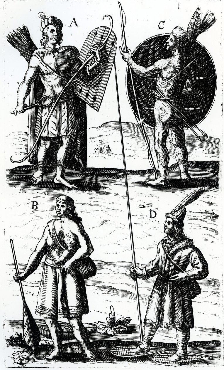 رسم توضيحي لفستان ألغونكوين ، نقش من رحلات سيور دي شامبلين بقلم صامويل دي شامبلين (حوالي 1574-1635) ، القرن السابع عشر بواسطة صموئيل دي شامبلين