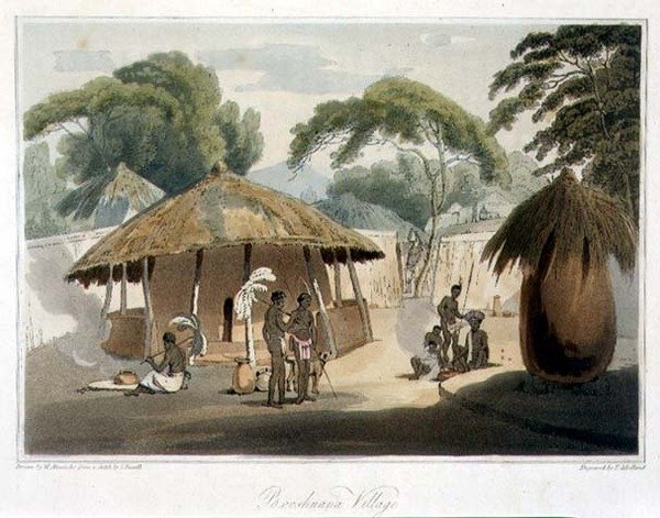 قرية Booshuana ، اللوحة 18 من رحلة إلى Cochinchina بقلم جون بارو (1764-1848) رسمها ويليام ألكسندر (1767-1816) نقشها توماس ميدلاند (1755-1823) 1806 (أكواتينت) بواسطة صموئيل (بعد) دانييل