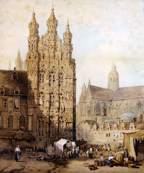 قاعة المدينة والكاتدرائية في لوفين في بلجيكا ، حوالي عام 1840 (ألوان مائية على ورق) بواسطة صموئيل (دائرة) بروت