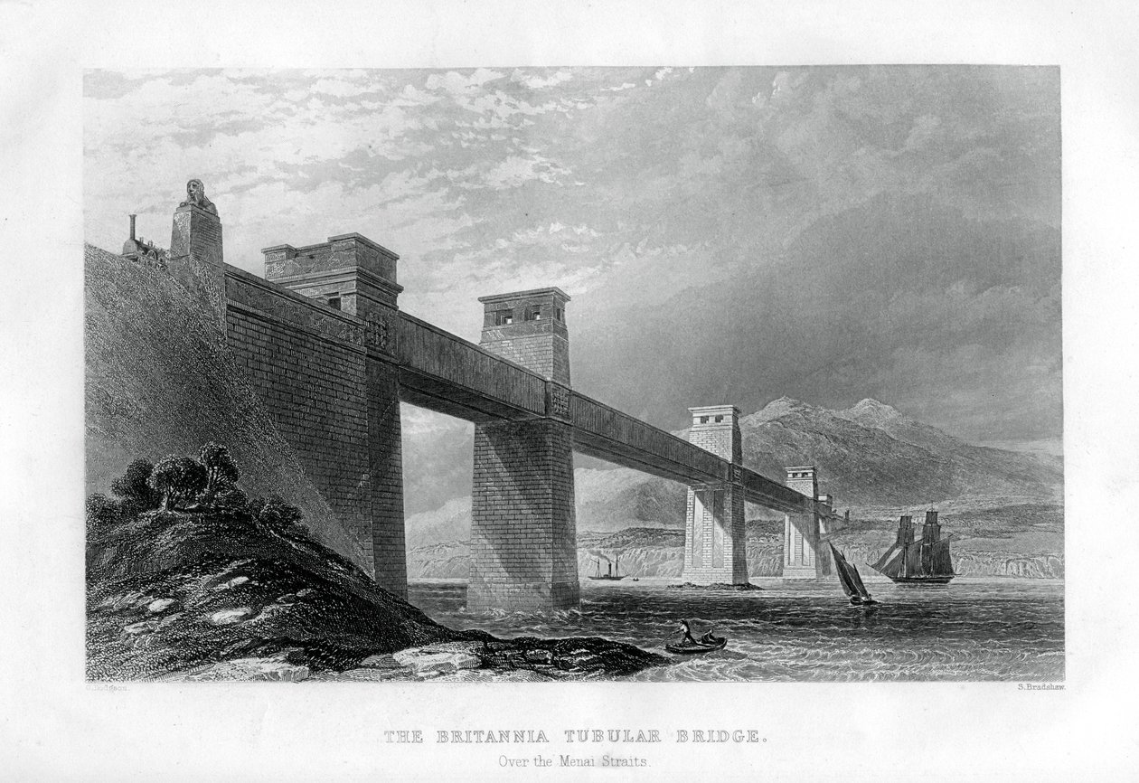 ال جسر بريتانيا أنبوبي فوق مضيق ميناي ، ويلز ، 1886 بواسطة صموئيل برادشو