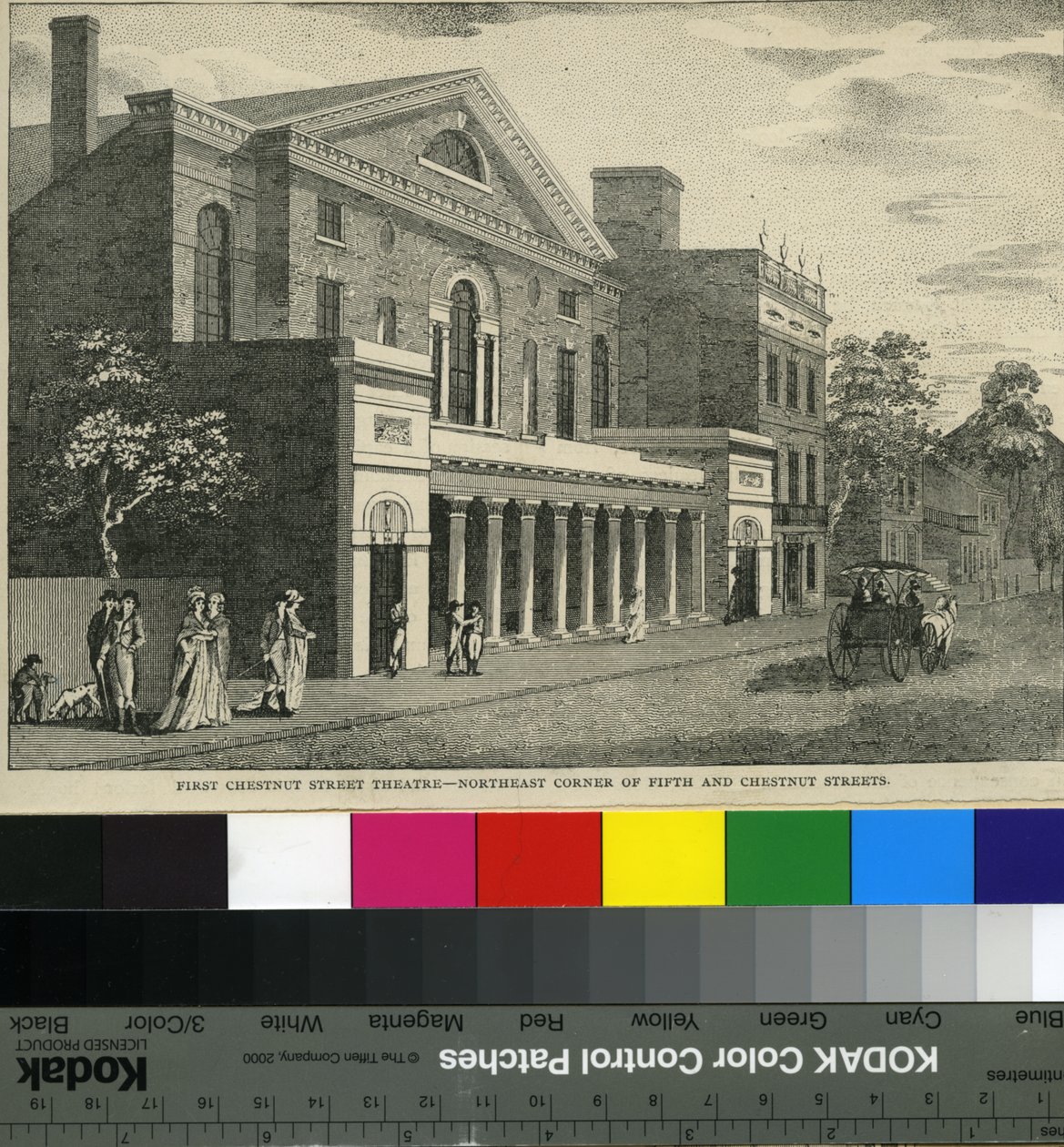 First Chestnut Street Theatre, Northeast Corner of Fifth and Chestnut Streets, c.1820 (woodcut) بواسطة صموئيل كاستنر