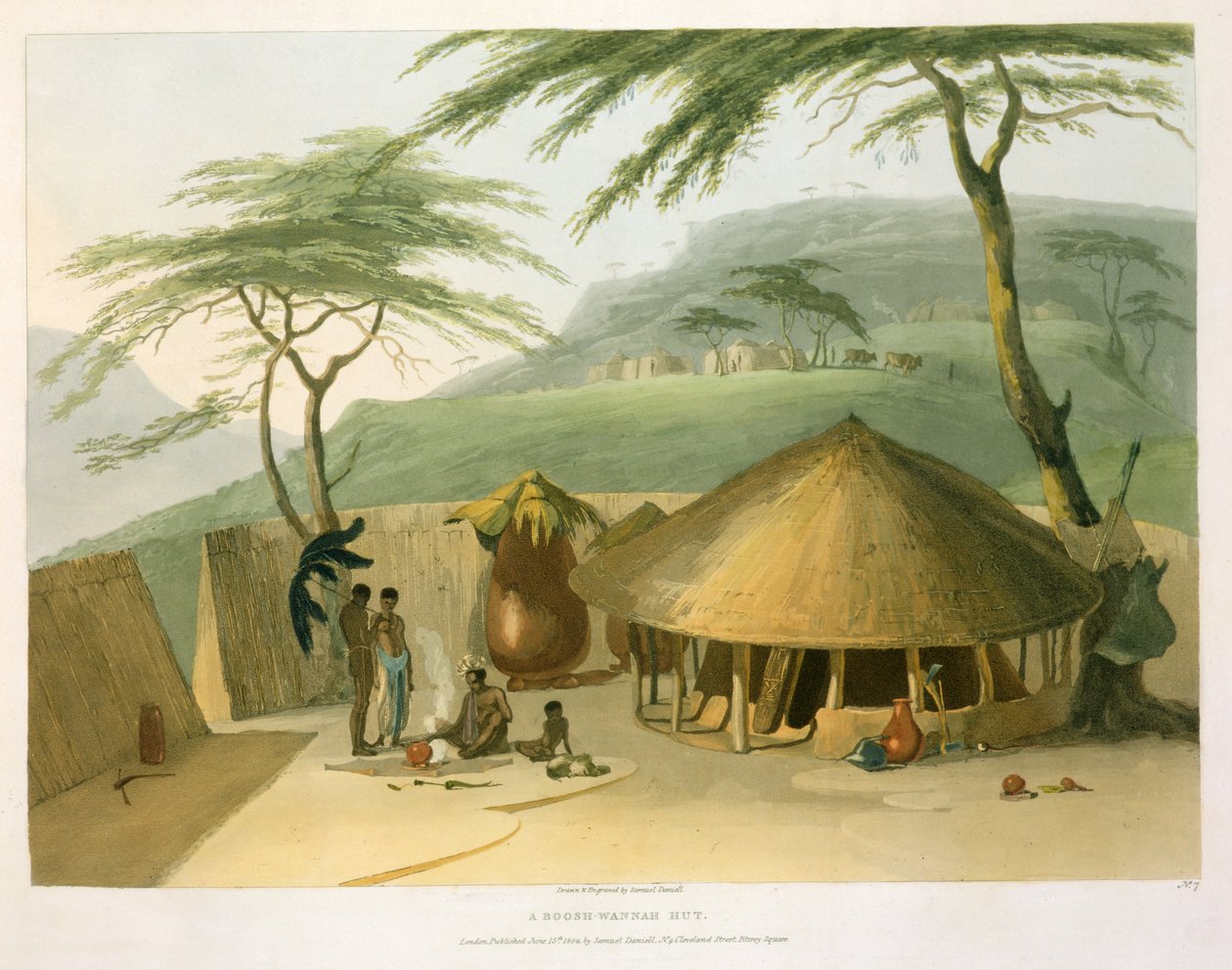 A Boosh-Wannah Hut ، اللوحة 7 من "المنظر الأفريقي والحيوانات" ، نقشها الفنان ، 1804 (أكواتينت) بواسطة صموئيل دانييل