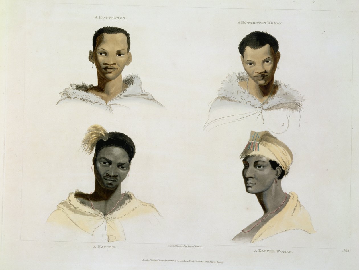 A Hottentot ، Hottentot Woman ، a Kaffre ، Kaffre Woman: أربع رؤوس وكتفين ، لوحة 14 من "Scenery and Animals" الأفريقية ، محفورة من قبل الفنان ، 1804 (aquatint) بواسطة صموئيل دانييل