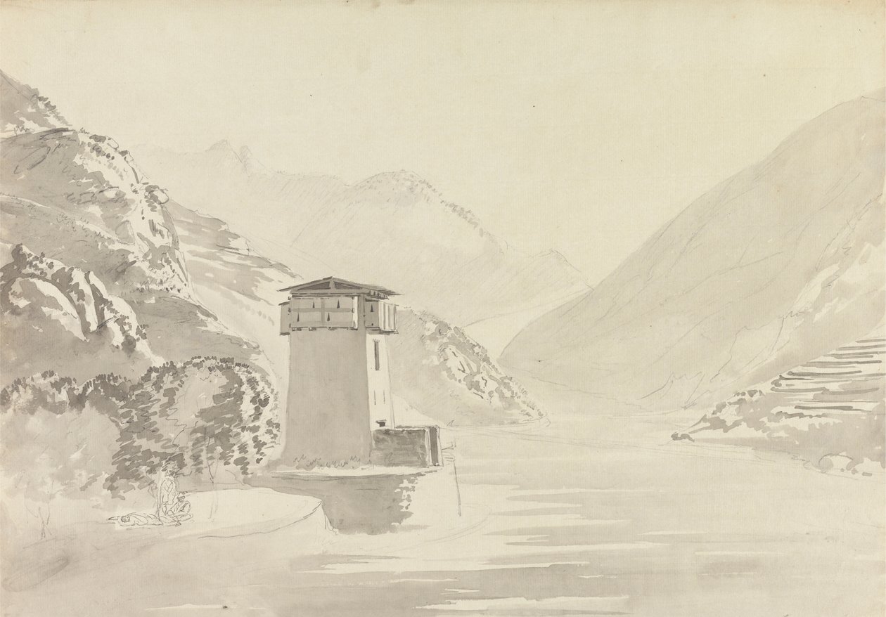 منظر من الجسر في Wandepore [Wangdu Phodrang] بواسطة صموئيل ديفيس