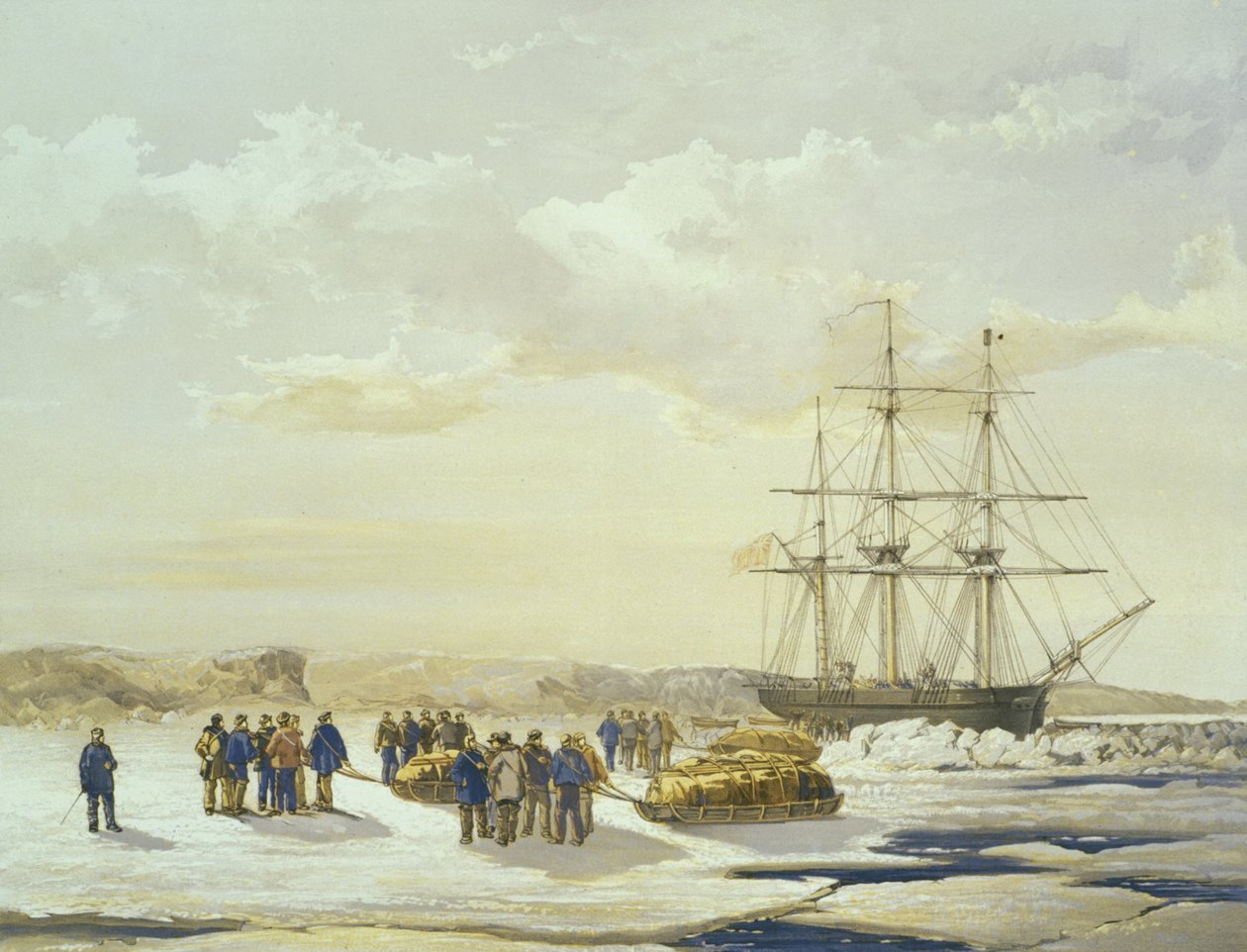 حفلة زلاجة تغادر محقق HMS في Mercy Bay ، 15 أبريل 1853 ، نقشها E. Walker ، نشرتها شركة Ackermann und Co. ، 1854 بواسطة صموئيل جورني كريسويل