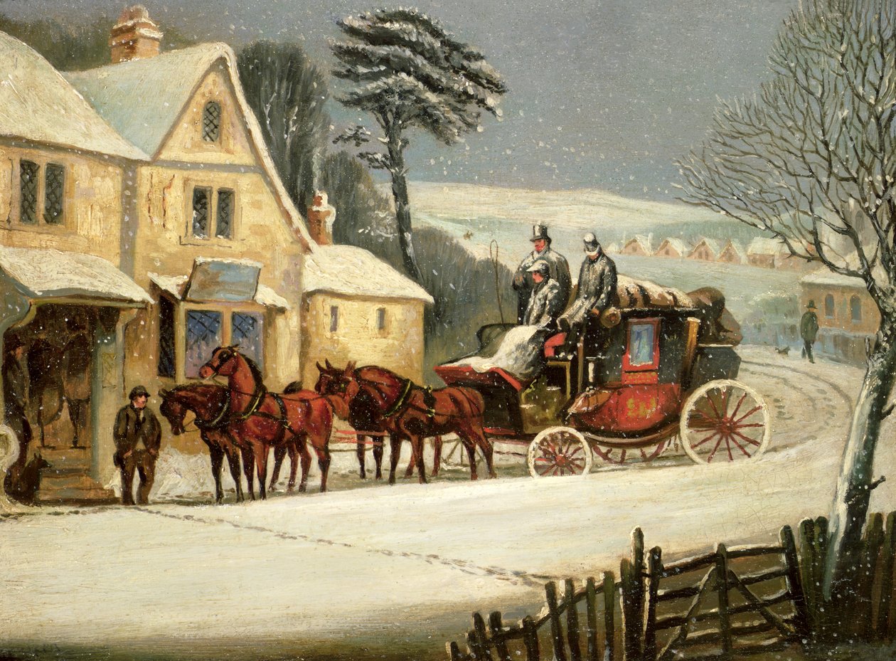 Winter Scene with the Royal Mail Halted at an Inn (oil on panel) بواسطة صموئيل هنري ألكين