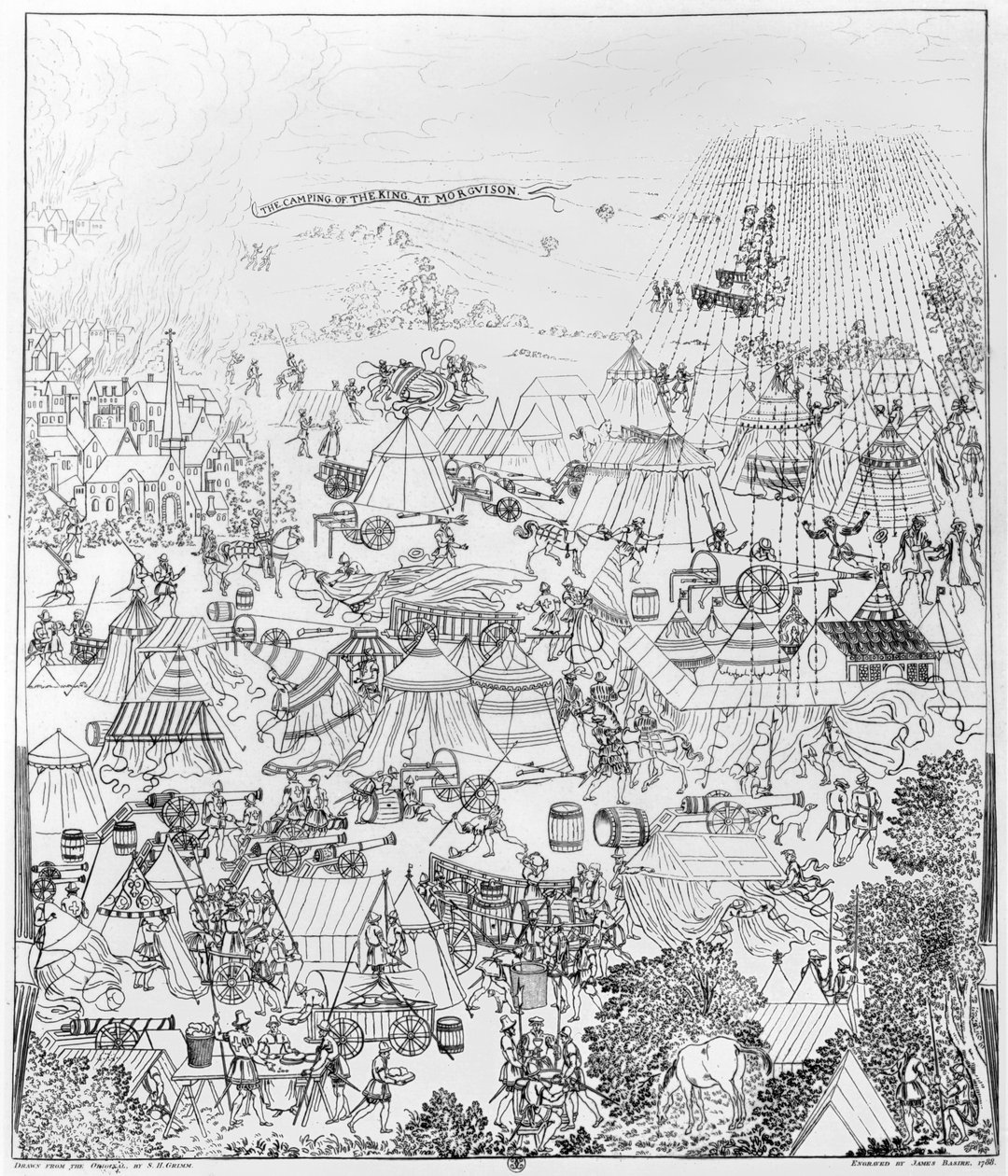 معسكر الملك هنري الثامن في ماركيسون ، يوليو 1544 ، محفوراً بجيمس باسيير ، 1788 بواسطة صموئيل هيرونيمد جريم