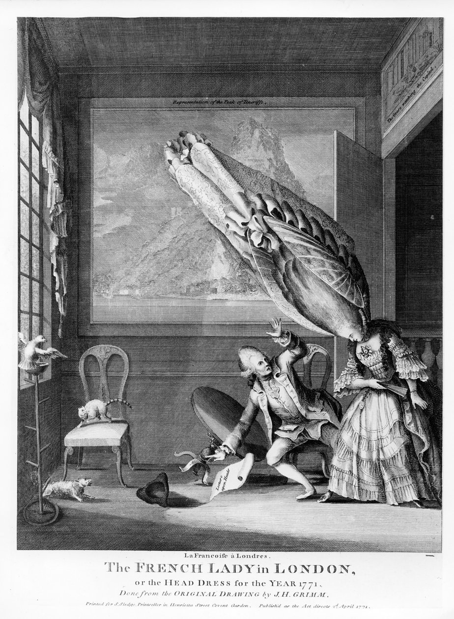 السيدة الفرنسية في لندن أو فستان الرأس لعام 1771 ، طُبعت لـ S. Sledge ، 1771 بواسطة صموئيل هيرونيمد جريم
