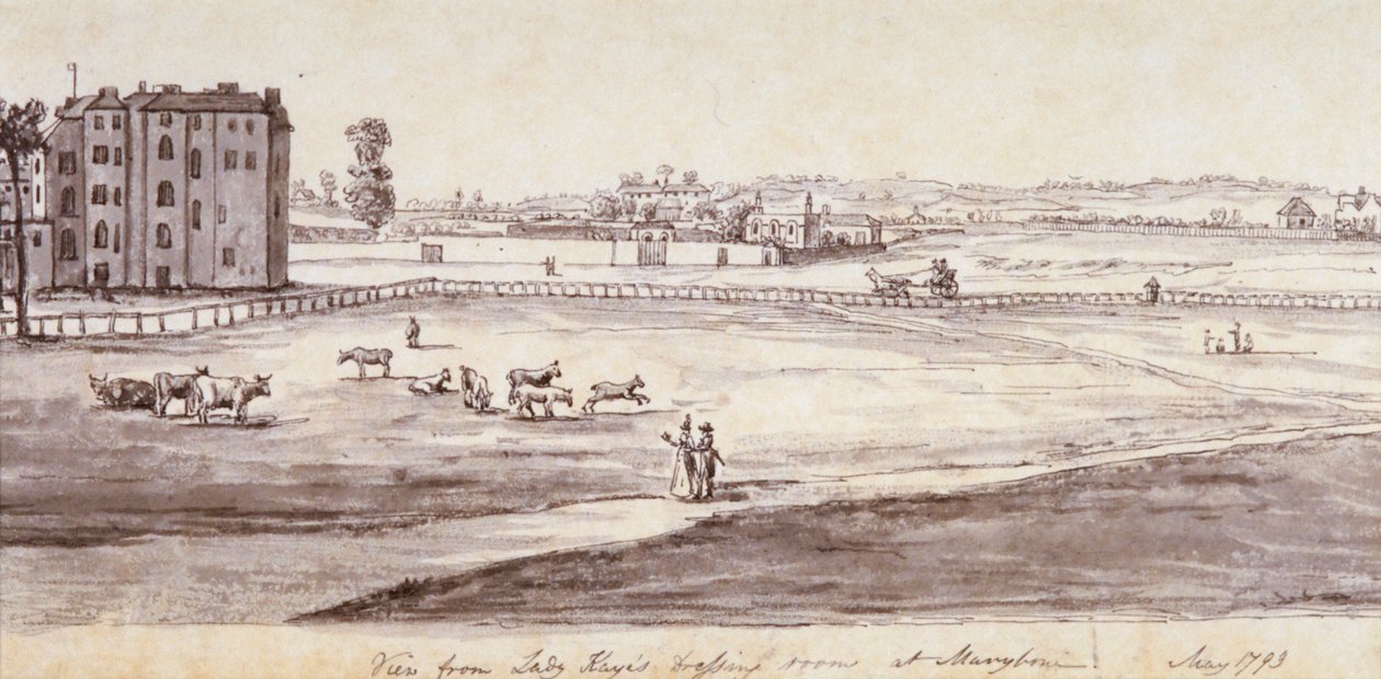 "منظر من غرفة خلع الملابس ليدي كاي في ماريليبون" ، 1793 بواسطة صموئيل هيرونيموس جريم