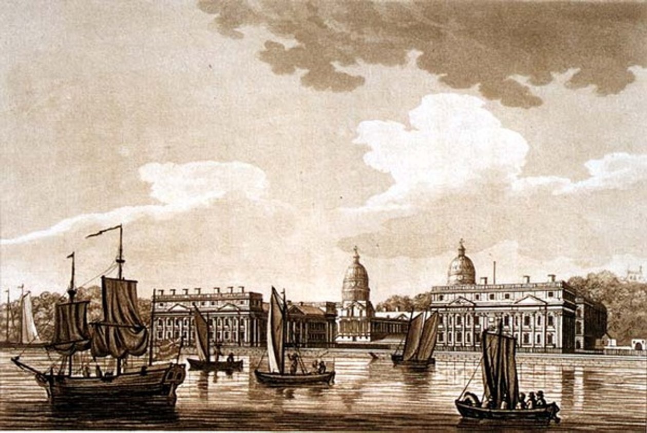 مستشفى غرينتش ، رسم توضيحي من "مناظر خلابة لنهر التايمز" ، حانة. 1799 (حفر ، مائي) بواسطة صموئيل أيرلندا