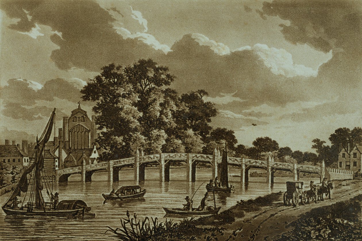 جسر هامبتون كورت ، صورة توضيحية من مناظر خلابة لنهر التايمز ، حانة. 1799 (النقش ، aquatint) بواسطة صموئيل أيرلندا