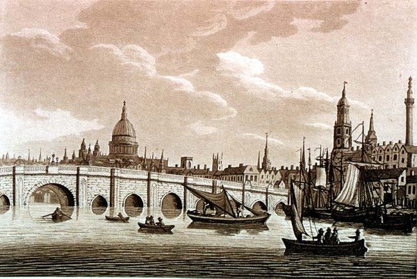 جسر لندن ، رسم توضيحي من "مناظر خلابة لنهر التايمز" ، حانة. 1799 (حفر ، مائي) بواسطة صموئيل أيرلندا