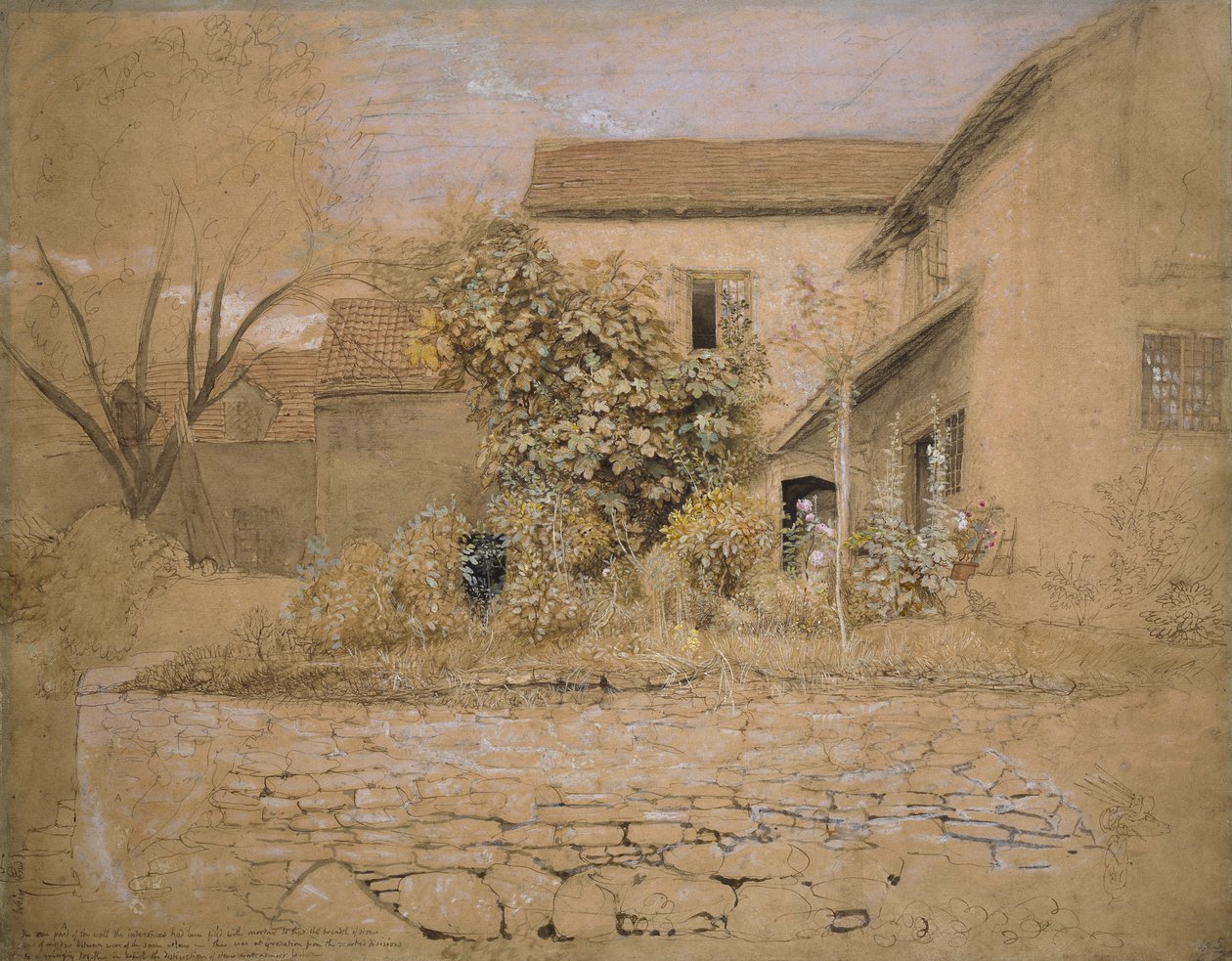 منزل وحديقة في تينترن ، 1835 (قلم وحبر ، مرحاض وطلاء جسم على الجرافيت والطباشير الأسود على ورق برتقالي وردي) بواسطة صموئيل بالمر
