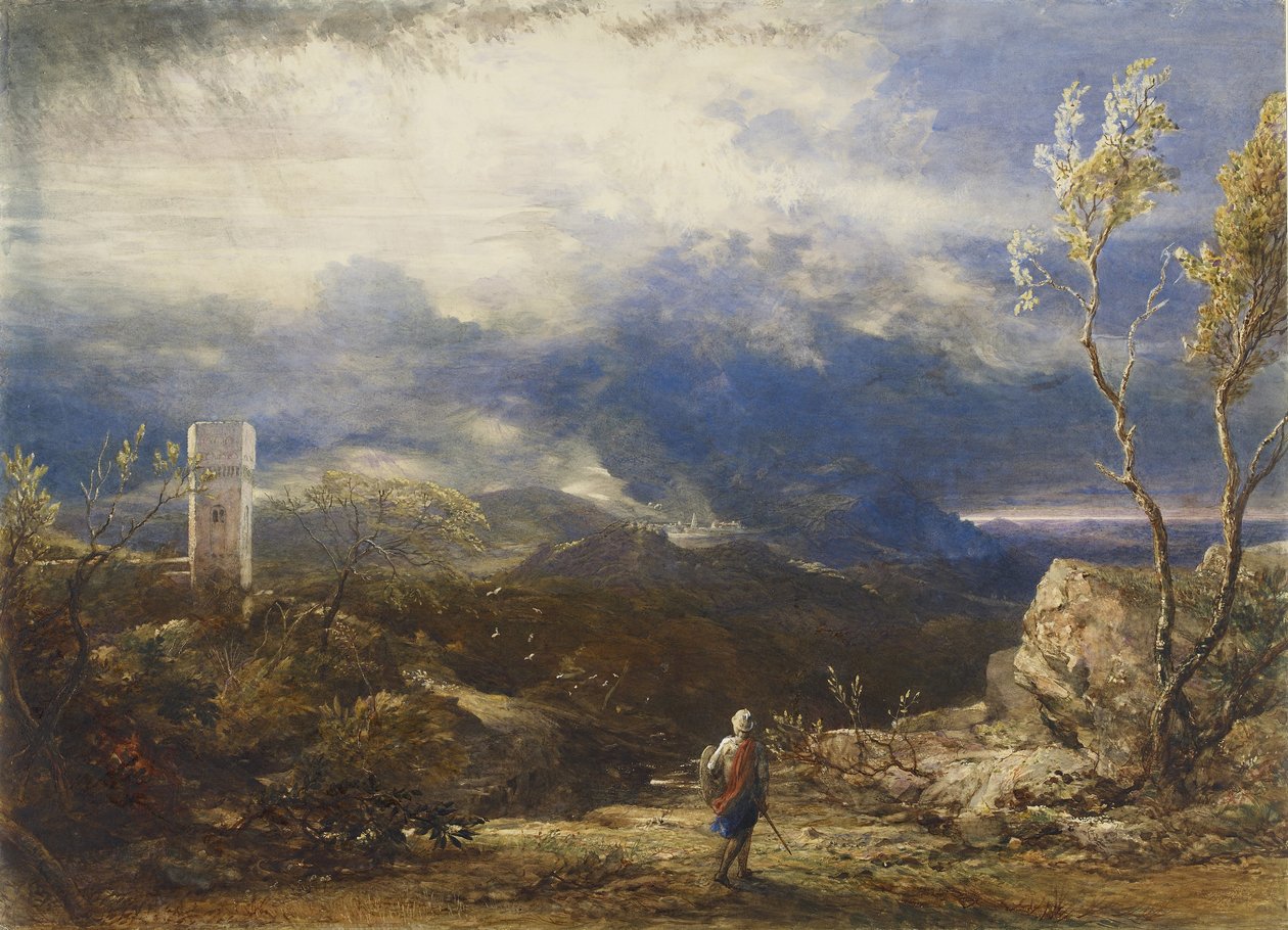 مسيحي ينزل إلى وادي الذل (من "تقدم الحاج") ، 1848 (ألوان مائية وألوان الجسم) بواسطة صموئيل بالمر