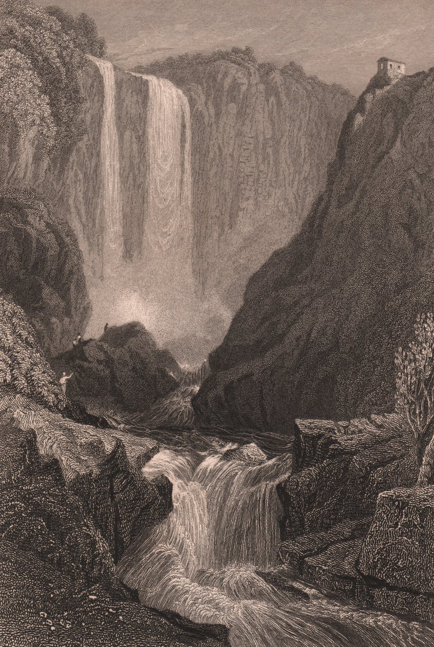 منظر لشلالات مارمور (Cascata delle Marmore) بالقرب من تيرني ، أومبريا ، إيطاليا ، نقش على الصلب بعد الرسم بواسطة Samuel Prout (1783-1852) ، حوالي 15 × 11.5 سم بواسطة صموئيل بروت