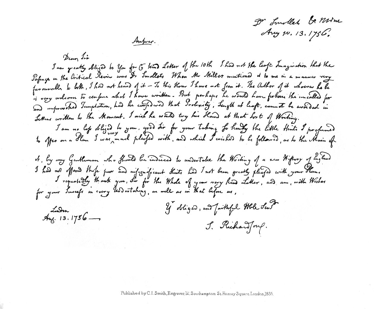 رسالة من صموئيل ريتشاردسون إلى دكتور سمولت ، 1756 ، 1840 بواسطة صموئيل ريتشاردسون