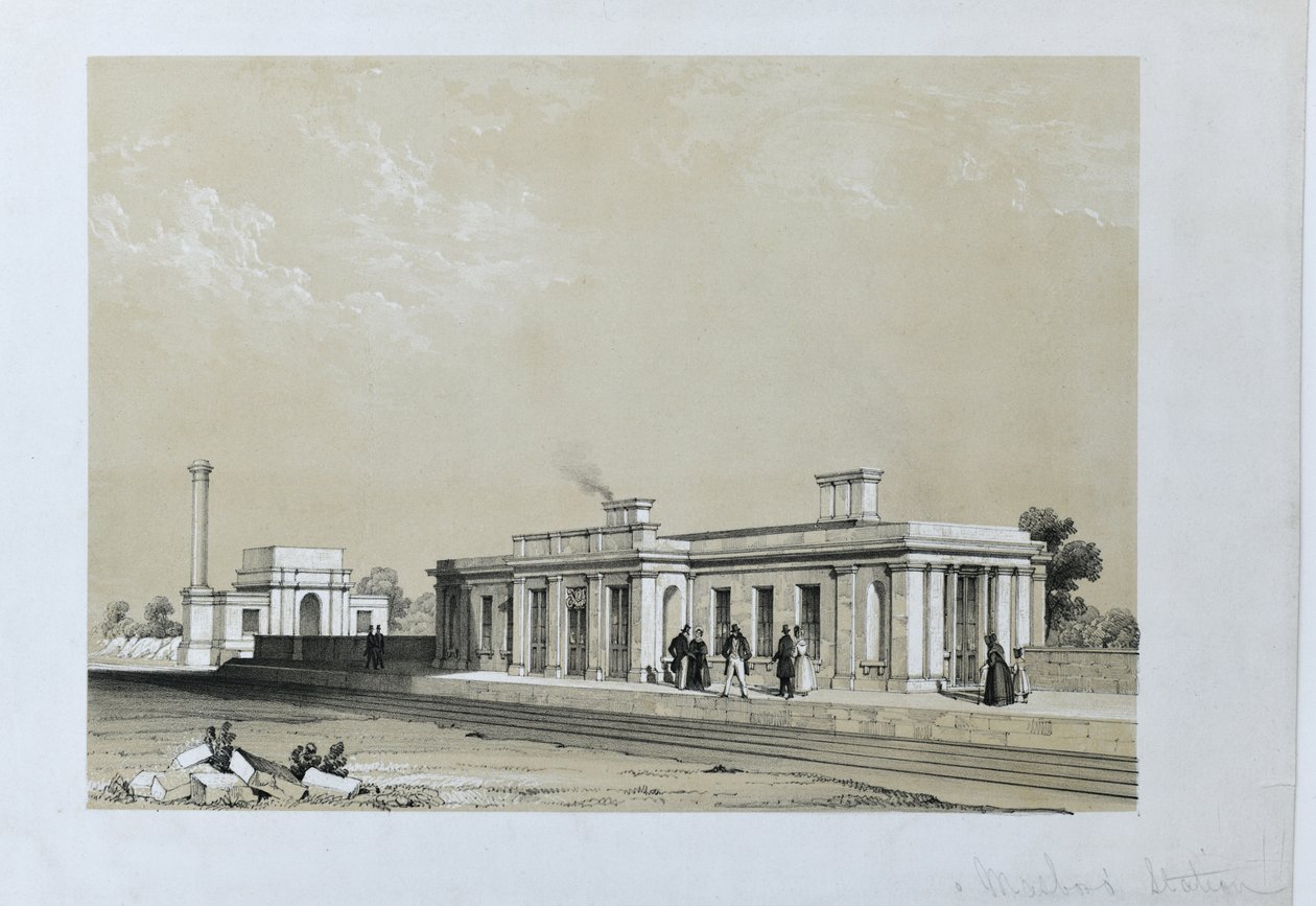 محطة ماسبورو c1840 (طباعة حجرية ملونة على ورق) بواسطة صموئيل راسل