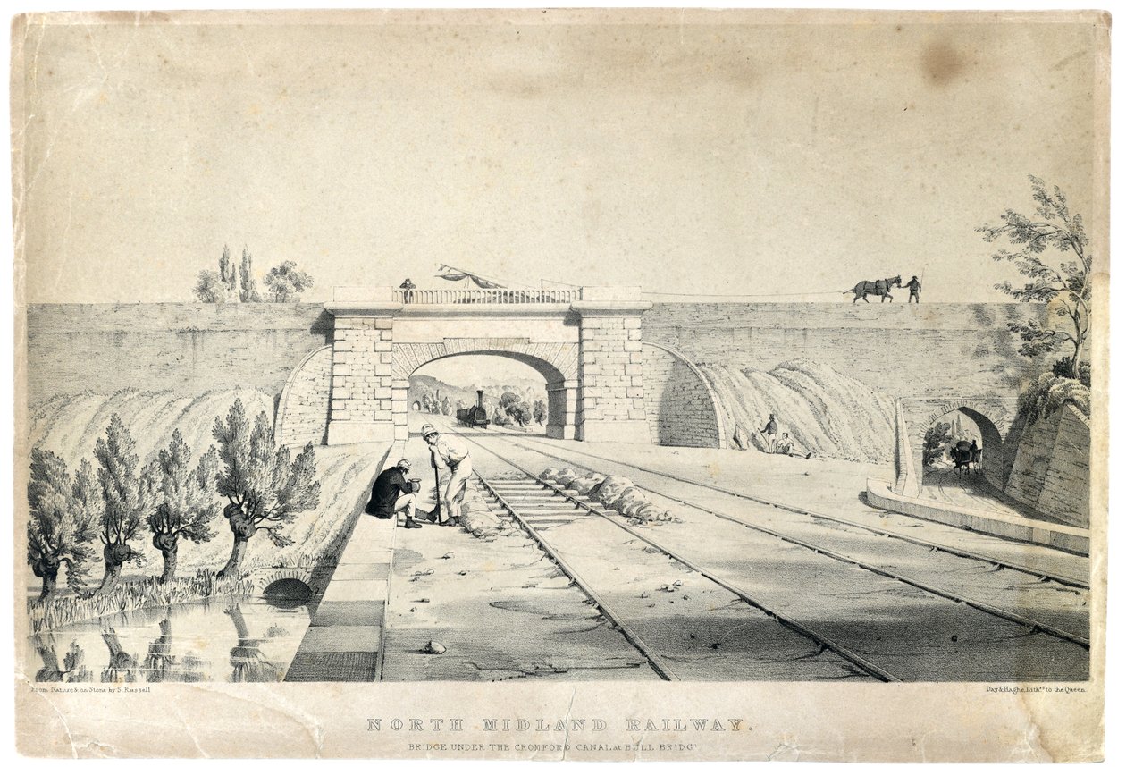 جسر سكة حديد شمال ميدلاند تحت قناة كرومفورد في بول بريدج، ج.1840 (طباعة حجرية ملونة على ورق) بواسطة صموئيل راسل