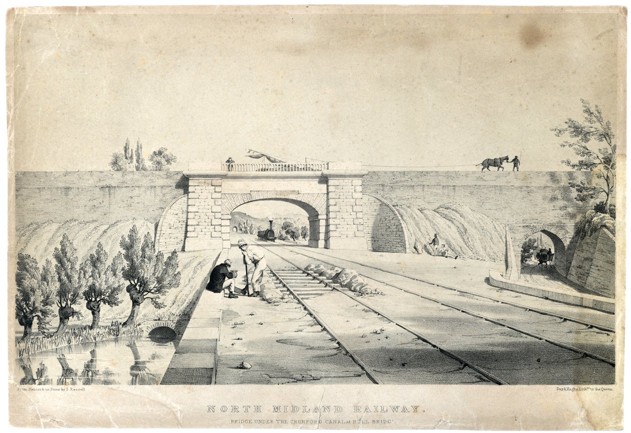 جسر سكة حديد شمال ميدلاند تحت قناة كرومفورد في بول بريدج c1840 (طباعة حجرية ملونة على الورق) بواسطة صموئيل راسل
