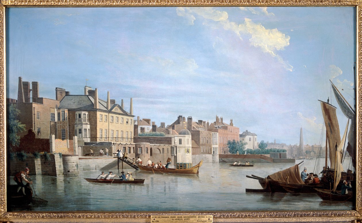 The Thames with Montagu House ، بالقرب من جسر وستمنستر ، لندن ، 1749 بواسطة صموئيل سكوت