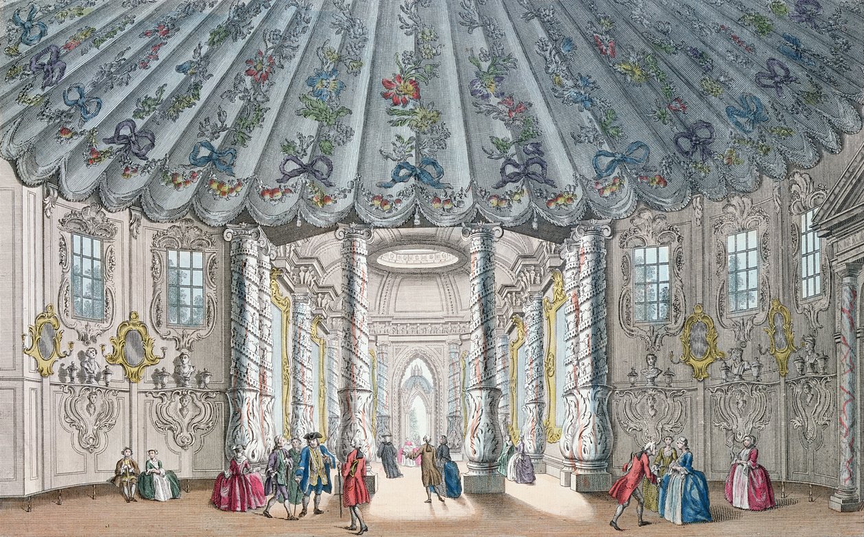 منظر داخلي لغرفة الموسيقى الأنيقة في حدائق فوكسهول ، محفورة بقلم H. Roberts ، 1752 (نقش ملون باليد) بواسطة صموئيل ويل