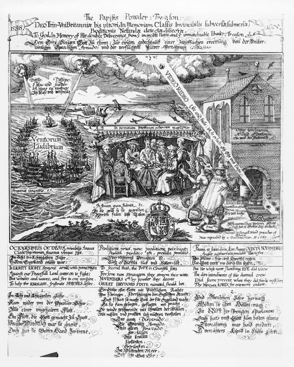 إلى الله ، في ذكرى خلاصه المزدوج من البحرية التي لا تقهر (1588) والخيانة المسحوقة التي لا تُقابل (1605) ، (النقش) تمثيل. بواسطة Transmariner ، 1689 (صورة بوندو) بواسطة صموئيل وارد