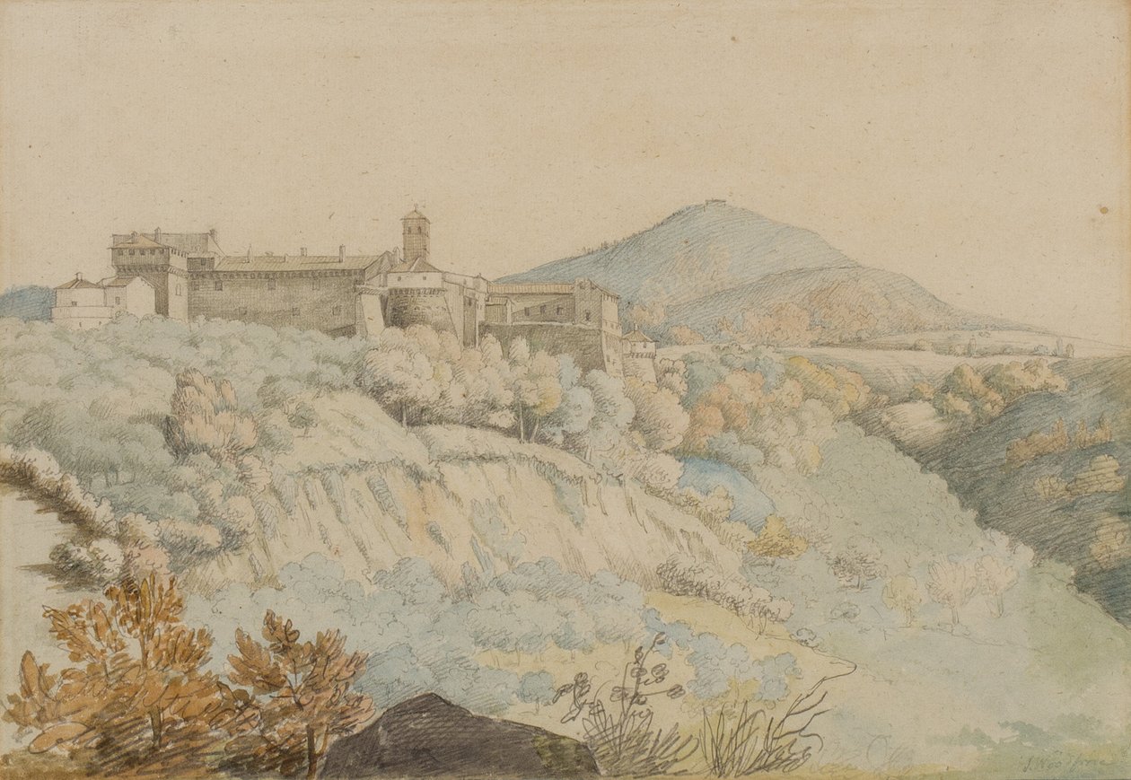 دير Grotta Ferrata ، Tusculum القديم ، إيطاليا ، c.1805 (قلم رصاص ومرحاض على ورق) بواسطة صموئيل وودفورد