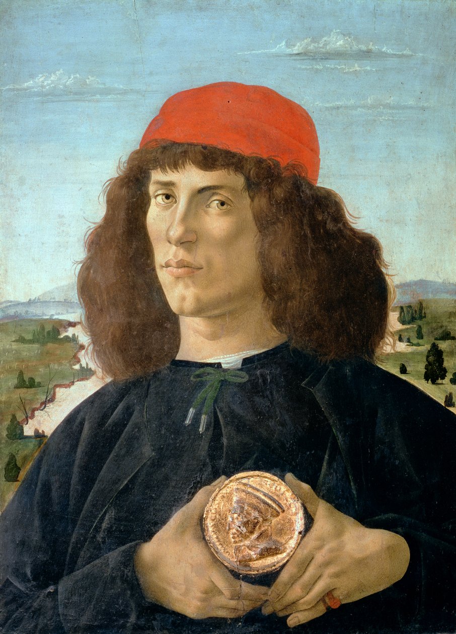 صورة لشاب يحمل ميدالية Cosimo I de &39;Medici ("The Elder") (1389-1463) (تمبرا على اللوحة) بواسطة ساندرو بوتيتشيلي