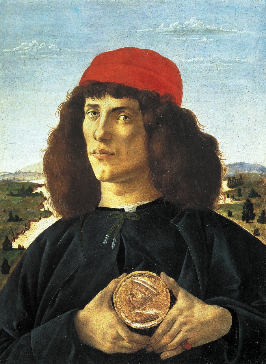 صورة لرجل مع ميدالية Cosme Medicis the Elder (حوالي 1475) ، رسم لأليساندرو دي ماريانو دي فيليبي بواسطة ساندرو بوتيتشيلي (1445-1510). فلورنسا ، متحف أوفيزي. بواسطة ساندرو بوتيتشيلي