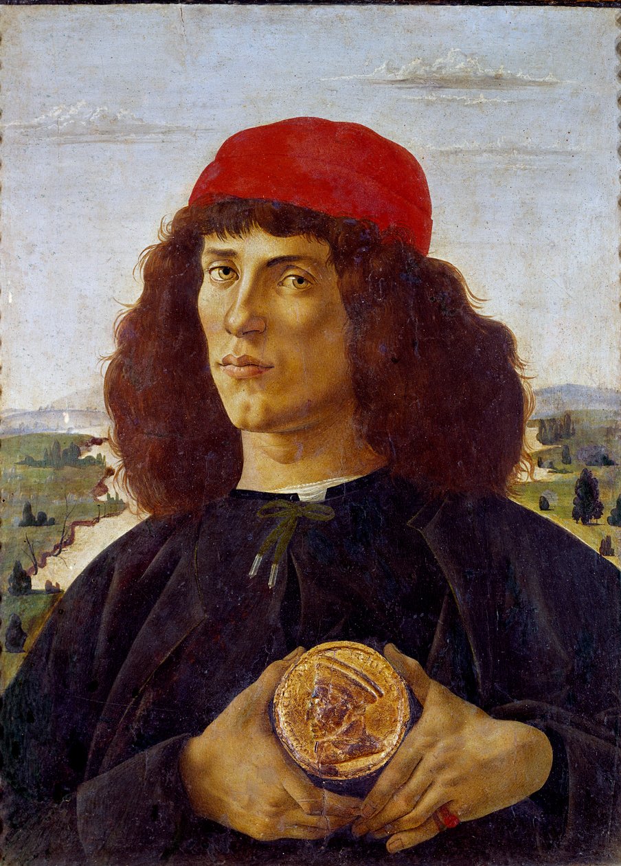 صورة لرجل مجهول يحمل ميدالية Cosimo de Medicis (Cosimo de Medici). لوحة لأليساندرو دي ماريانو دي فيليببي ديت ساندرو بوتيتشيلي (1445-1510). تمبرا على قماش ، 57.5 × 44 سم بواسطة ساندرو بوتيتشيلي