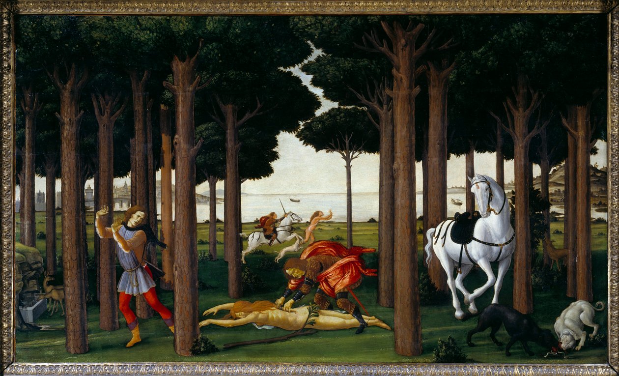قصة Nastagio degli Onesti: Infernal Hunt "" الحلقة الثانية من سلسلة من أربعة: Nastagio ، غير سعيدة في الحب ، تحضر نزع أحشاء امرأة شابة مذنبة لعدم تبادل الحب الذي يحمله فارس ، والذي ستلتهمه الكلاب. من فترة قصيرة بواسطة ساندرو بوتيتشيلي