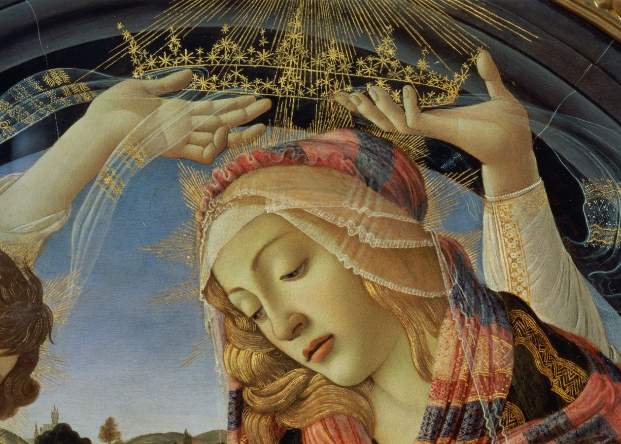 مادونا من Magnificat ، تفاصيل وجه العذراء وتاجها بواسطة ساندرو بوتيتشيلي