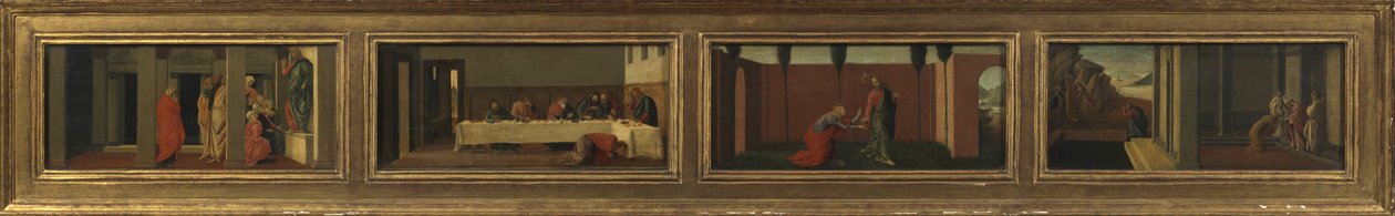 Scenes from the life of Mary Magdalene (four predella panels - a. Christ teaching; b. feast in the house of Simon; c. Noli me Tangere; d. last moments of the Magdalene) بواسطة ساندرو (بعد) بوتيتشيلي