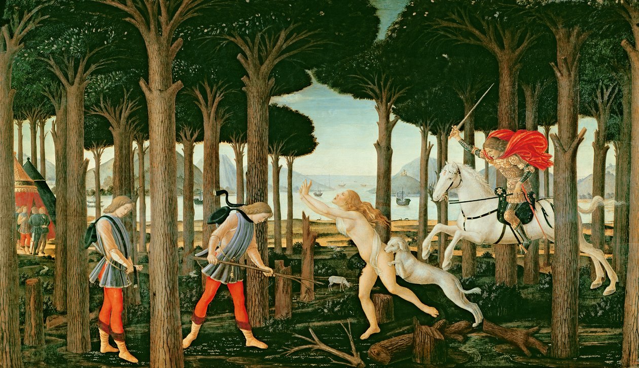رؤية Nastagio للمطاردة الشبحية في الغابة: المشهد الأول من قصة Nastagio degli Onesti ، c.1483 (تمبرا على لوحة) بواسطة ساندرو (وورشة عمل) بوتيتشيلي