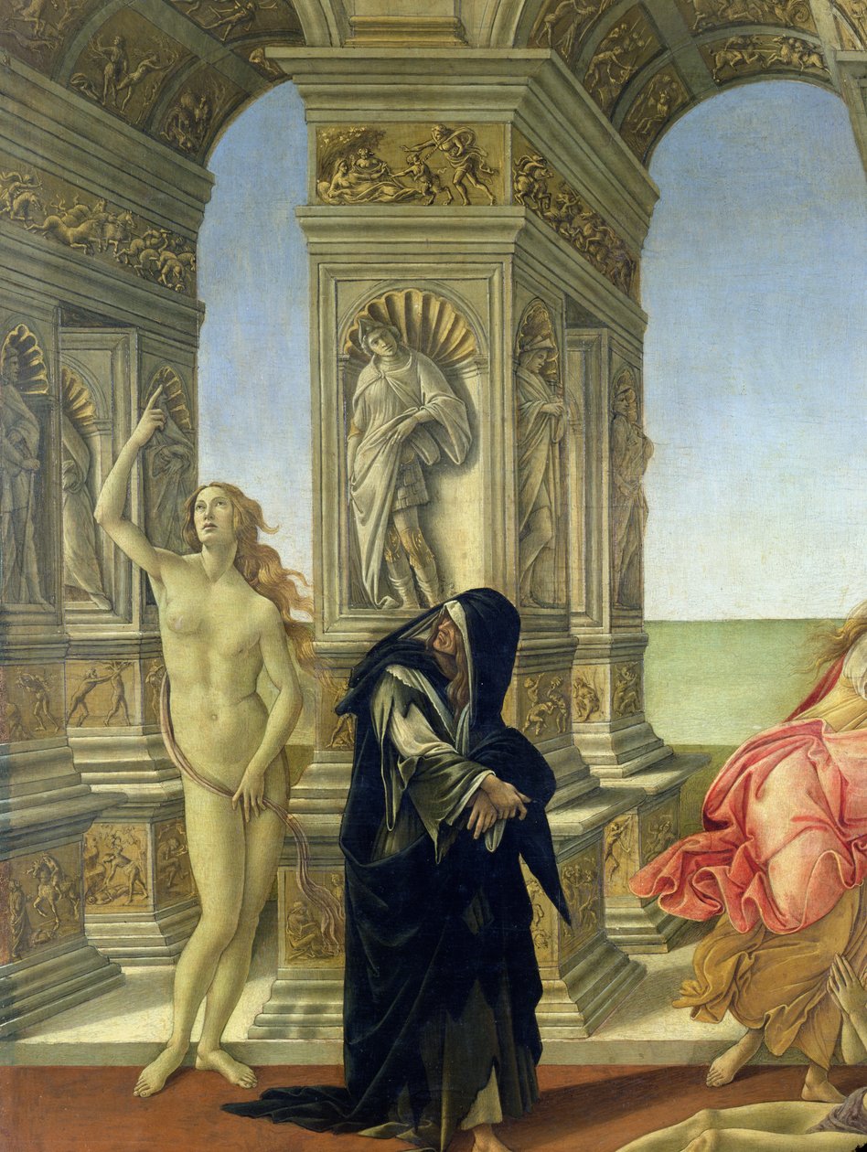 Calumny of Apelles. تفاصيل تظهر الرقم العاري للحقيقة التي تشير إلى السماء والتوبة الملبسة في العادة الدومينيكية الوعرة ، 1497-98 تفاصيل 31582 بواسطة ساندرو بوتيتشيلي