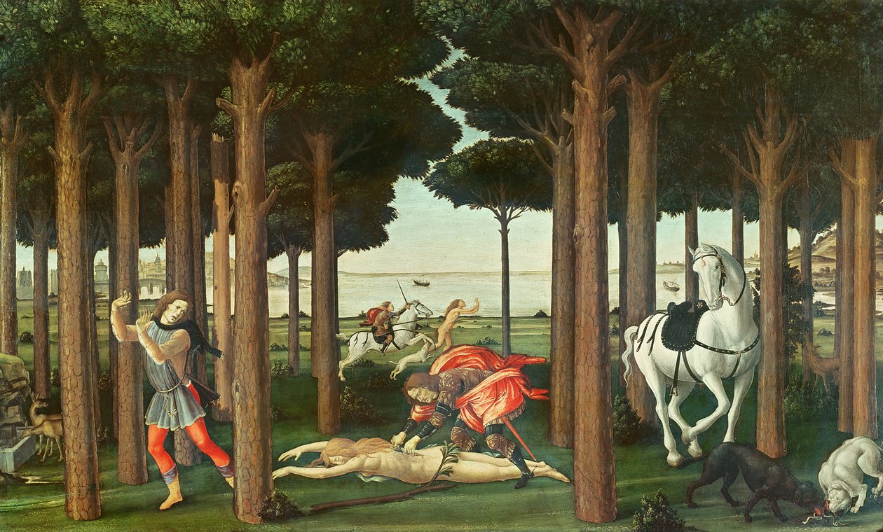 نزع المرأة من السعي: المشهد الثاني من قصة Nastagio degli Onesti ، c.1483 (درجة الحرارة على اللوحة) بواسطة ساندرو بوتيتشيلي