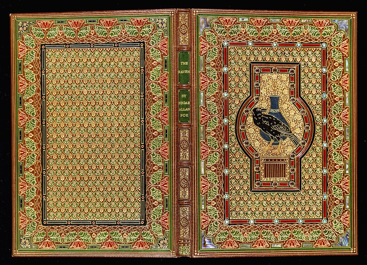 غلاف كتاب "الغراب" لإدغار آلان بو (جلد مغربي كستنائي ، جلد مغربي أخضر ، أحمر وأسود ، مذهب ، عرق اللؤلؤ ، فيروزي) بواسطة سانجورسكي وساتكليف