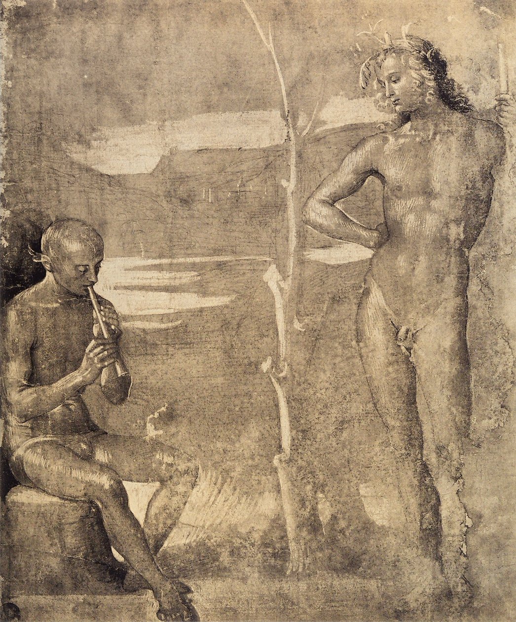 الرسم التحضيري لأبولو ومارسيا 1490-92 (قلم وحبر مع طلاء على الورق) بواسطة رافايللو سانزيو رافائيل