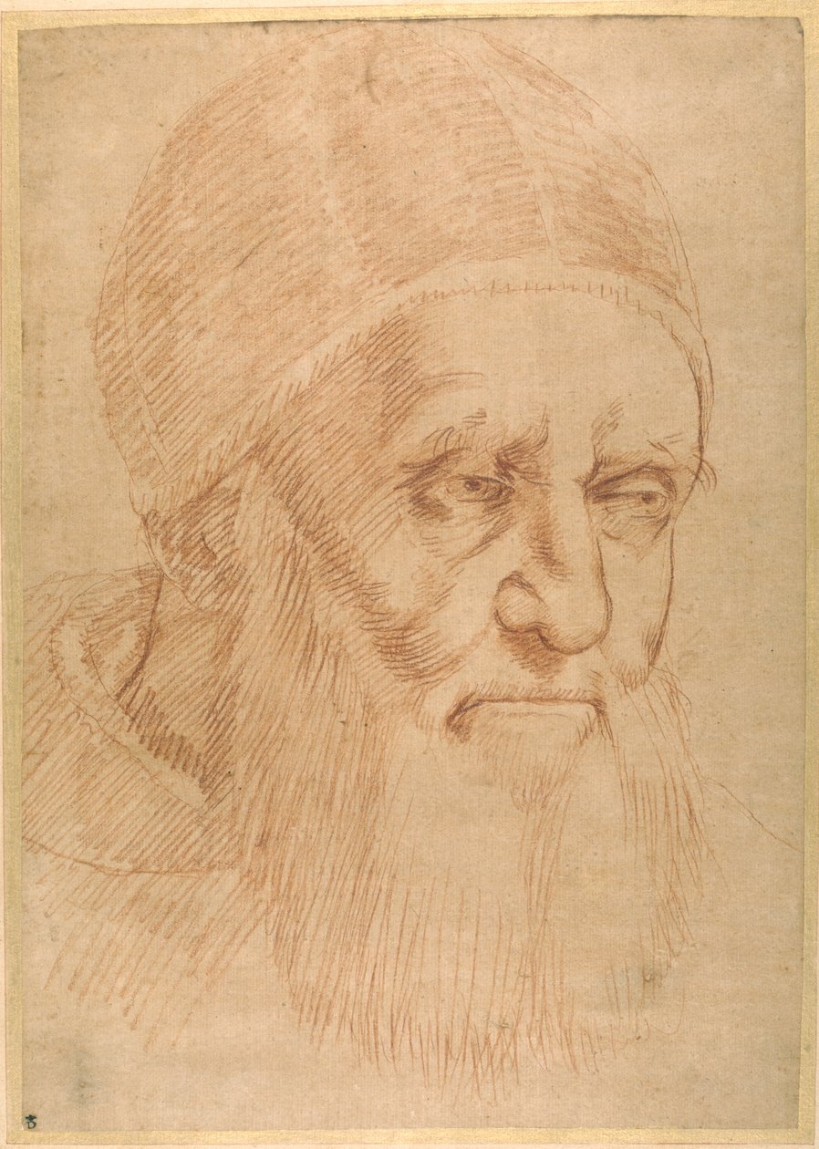 Pope Julius II, after a cartoon by Raphael (red chalk on thin oiled paper) بواسطة سانزيو أوربينو (من أتباع) رافائيل