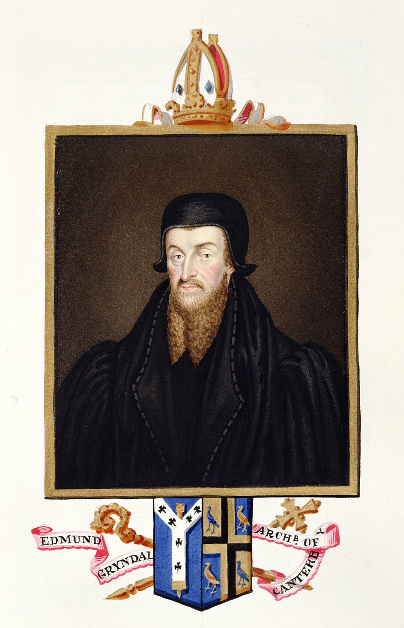 صورة لإدموند جريندال (c.1519-83) رئيس أساقفة كانتربري من "مذكرات محكمة الملكة إليزابيث" ، نُشر عام 1825 (مرحاض وغواش على ورق) بواسطة سارة كونتيسة إسكس