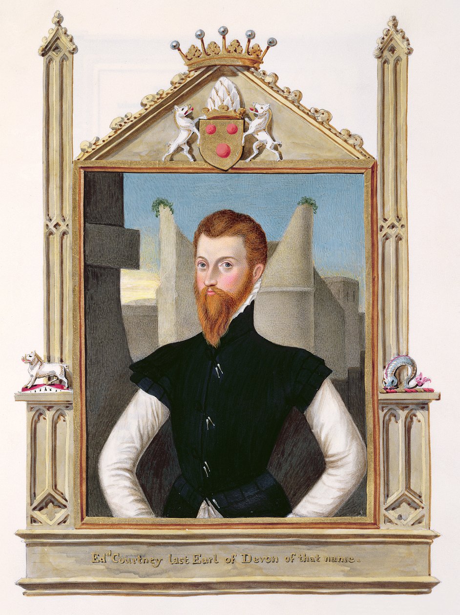 صورة لإدوارد كورتيناي (c.1526-56) إيرل ديفونشاير الأخير من "مذكرات محكمة الملكة إليزابيث" ، نُشر عام 1825 (مرحاض وغواش على ورق) بواسطة سارة كونتيسة إسكس